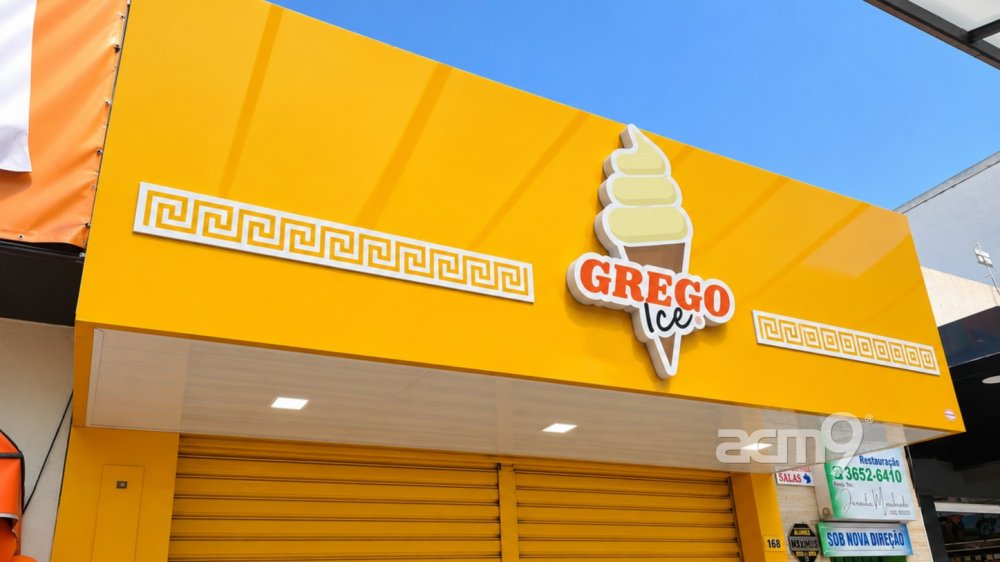 Fachada em ACM com luminoso — Sorveteria Grego Ice