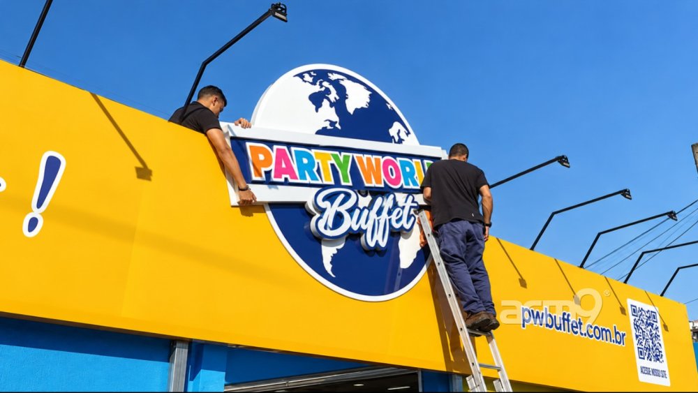 Fachada em ACM com luminoso — Party World Buffet