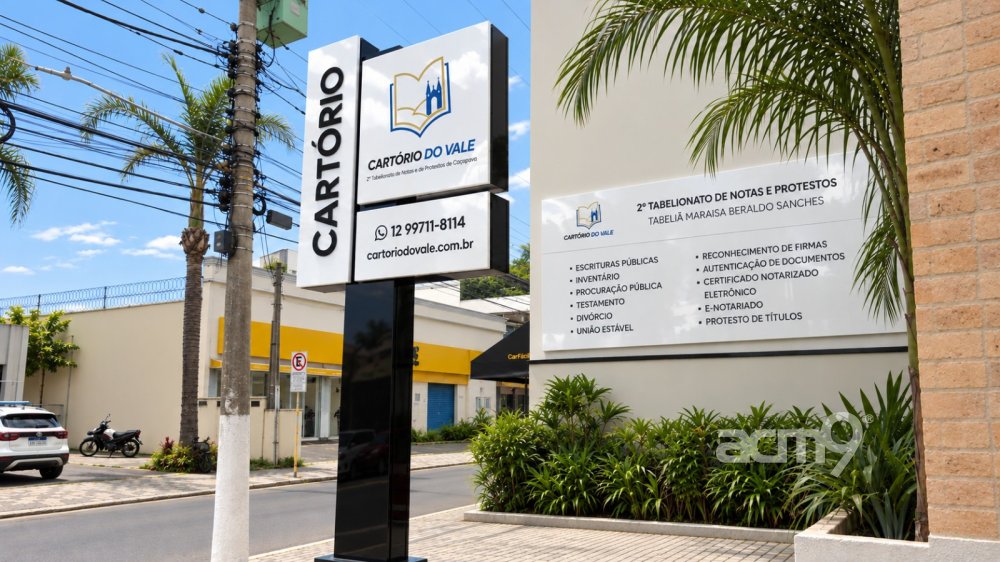 Totem e placa em ACM — Cartório do Vale